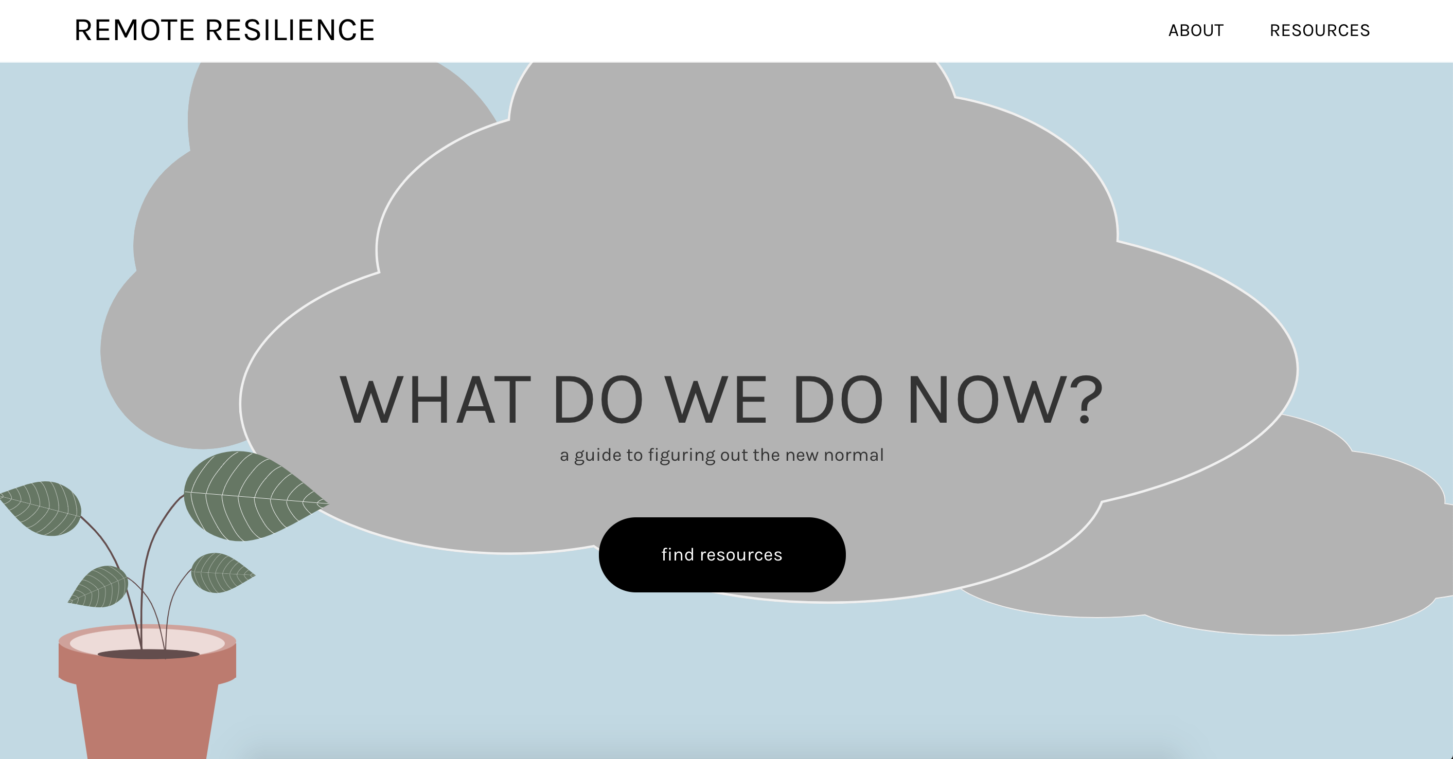 image of a website for remote resilience, with a plant on a window sill as the hero image
